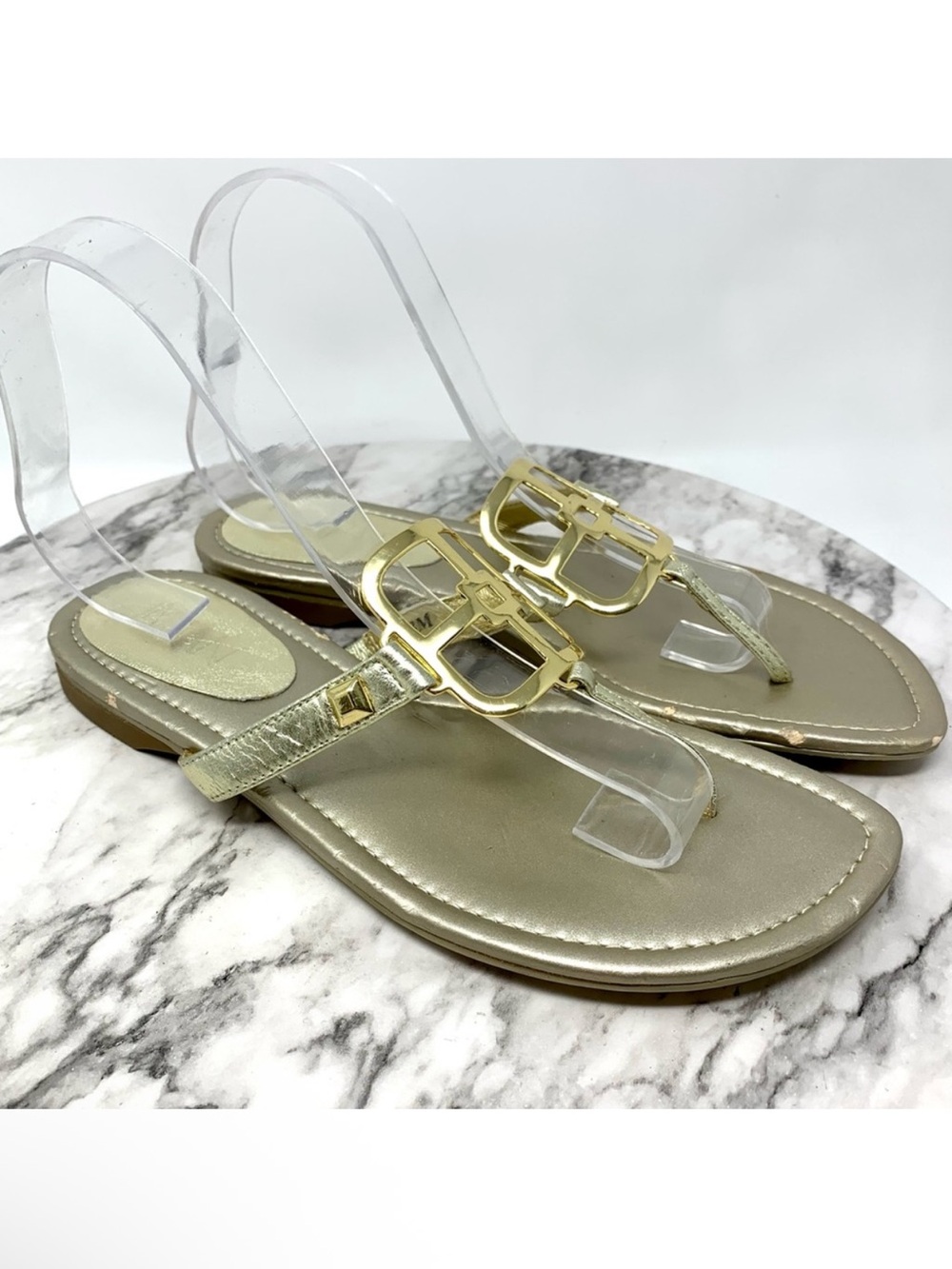 Iman Gold Buckle Hardware Gold Metallic Sandals 8 Classic Minimalist Preppy Edgy